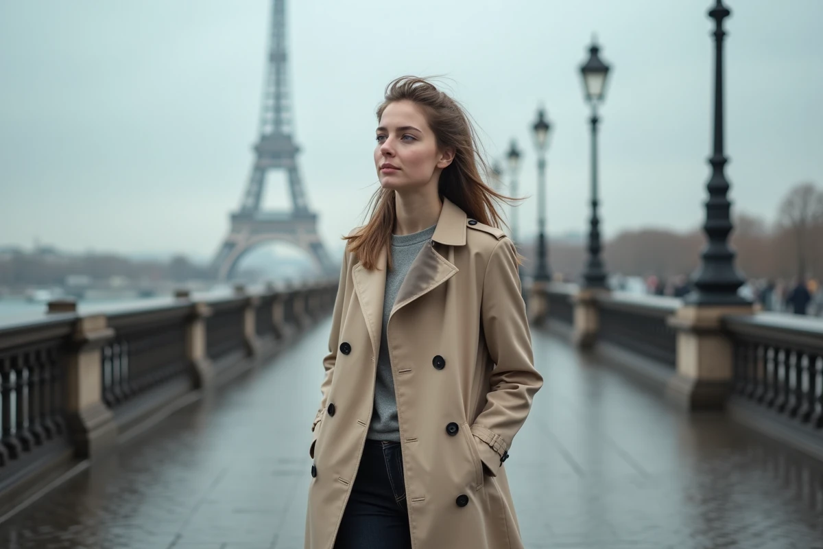 Séance photo à Paris sur le Pont de Bir-Hakeim avec une jeune femme en trench coat beige et la Tour Eiffel en arrière-plan