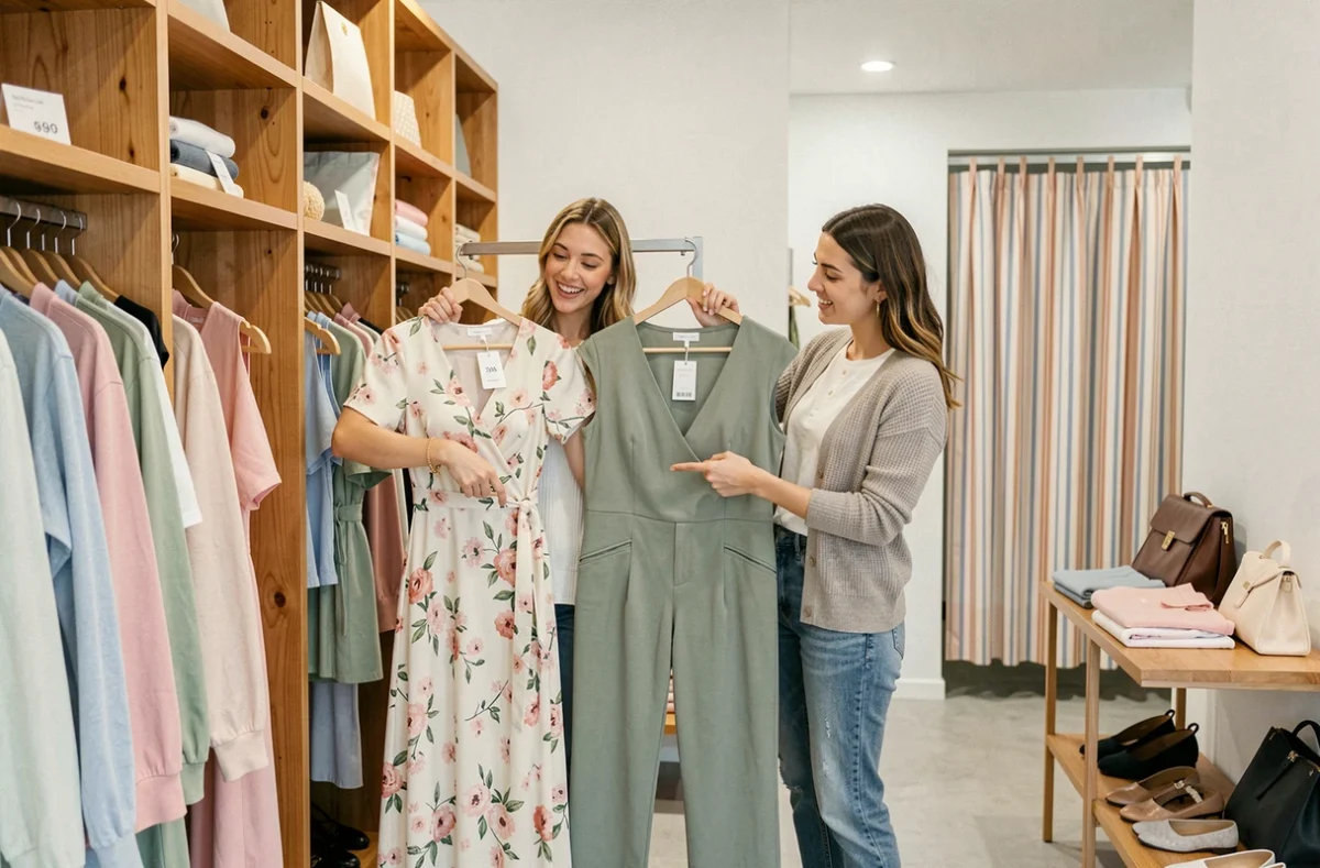 Deux amies comparant des robes dans une boutique de prêt-à-porter pour trouver une tenue de mariage abordable