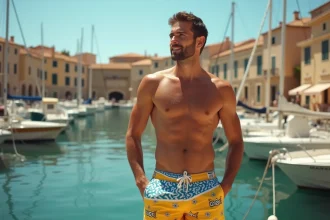 Homme portant un short de bain Ricard original sur un port méditerranéen en France