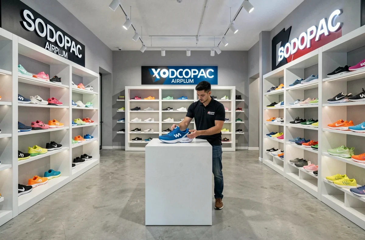 Intérieur moderne et épuré du magasin Sodopac Airplum avec sneakers colorées sur présentoirs blancs