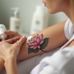 Femme appliquant lotion sur tatouage lotus sur bras