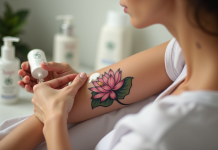 Femme appliquant lotion sur tatouage lotus sur bras