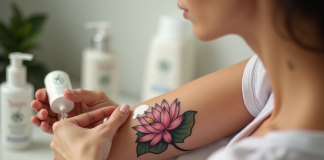 Femme appliquant lotion sur tatouage lotus sur bras