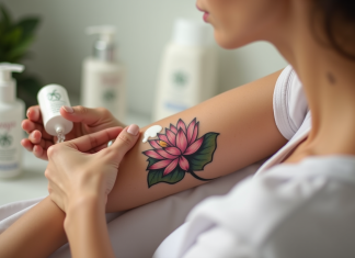 Femme appliquant lotion sur tatouage lotus sur bras