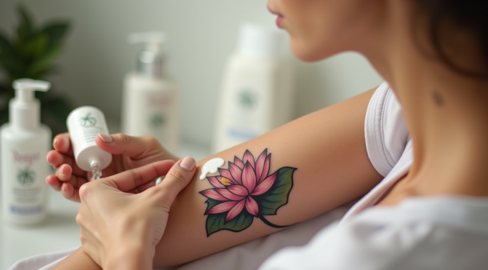 Femme appliquant lotion sur tatouage lotus sur bras