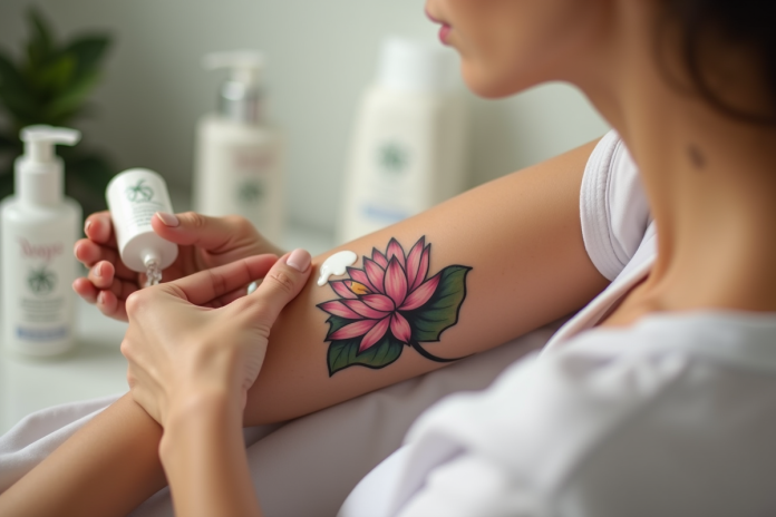soins-peau-tatouage-lotus Femme appliquant lotion sur tatouage lotus sur bras