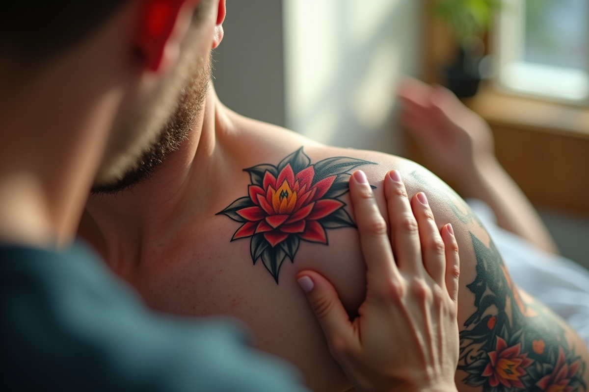 Mains soignant tatouage lotus avec serviette propre