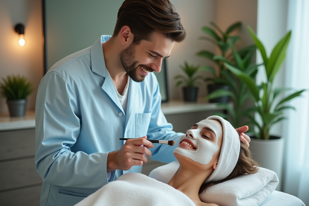 Cosmetologue appliquant un masque visage dans un spa