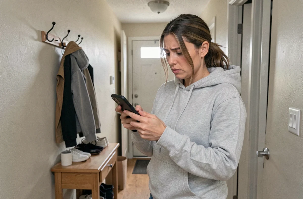Femme consultant le suivi de commande Shein sur son smartphone depuis son couloir d'appartement