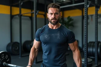 Homme portant un t-shirt crossfit solide en train de faire un épaulé-jeté avec une barre chargée dans une salle de functional fitness
