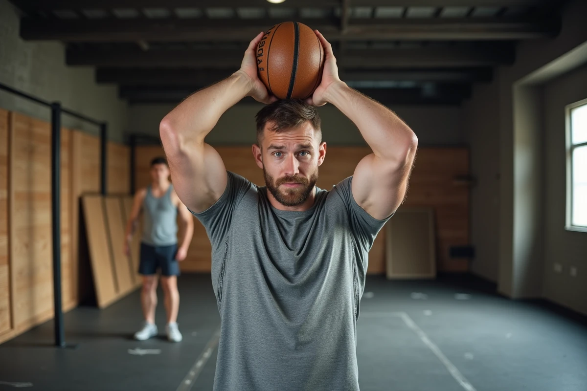 Athlète crossfit en t-shirt gris résistant réalisant des wall balls lors d'un entraînement metcon intensif