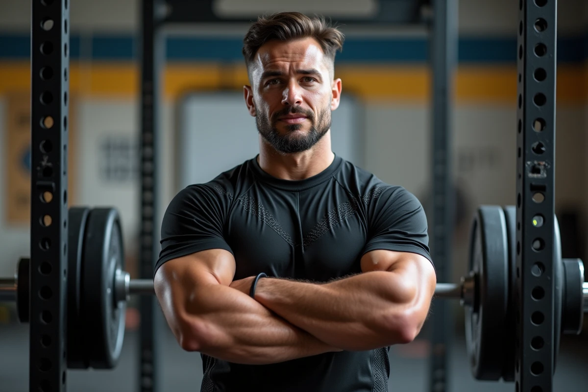 Homme musclé en t-shirt crossfit noir technique posant entre des haltères dans une salle de compétition d'haltérophilie