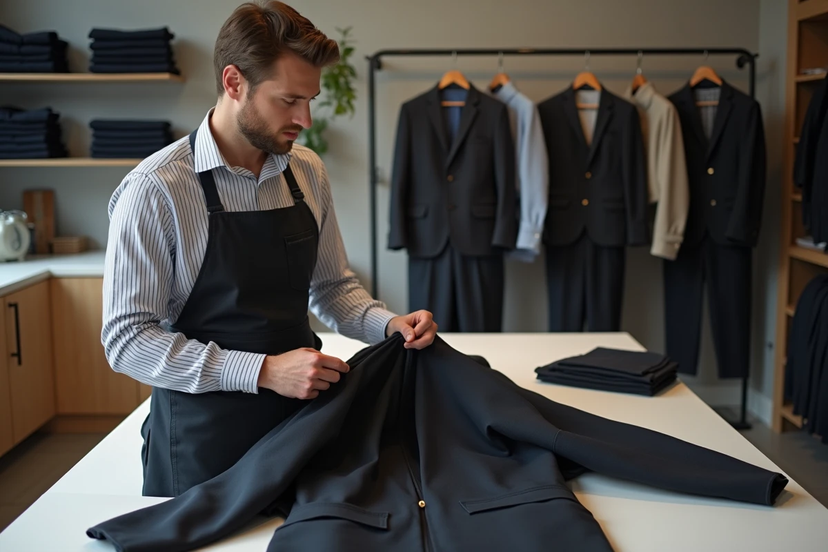 Jeune tailleur explique la couture à un client dans un atelier moderne
