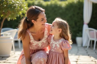 Mère et fille en robes fleuries assorties rose poudré lors d'une fête de jardin élégante, partageant un moment de rire complice