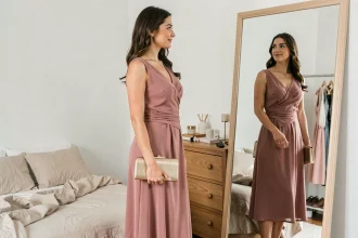 Femme invitée à un mariage essayant une robe midi en mousseline rose poudré devant un miroir en pied dans sa chambre
