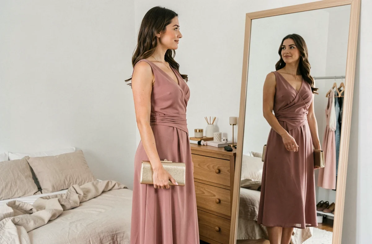 Femme invitée à un mariage essayant une robe midi en mousseline rose poudré devant un miroir en pied dans sa chambre