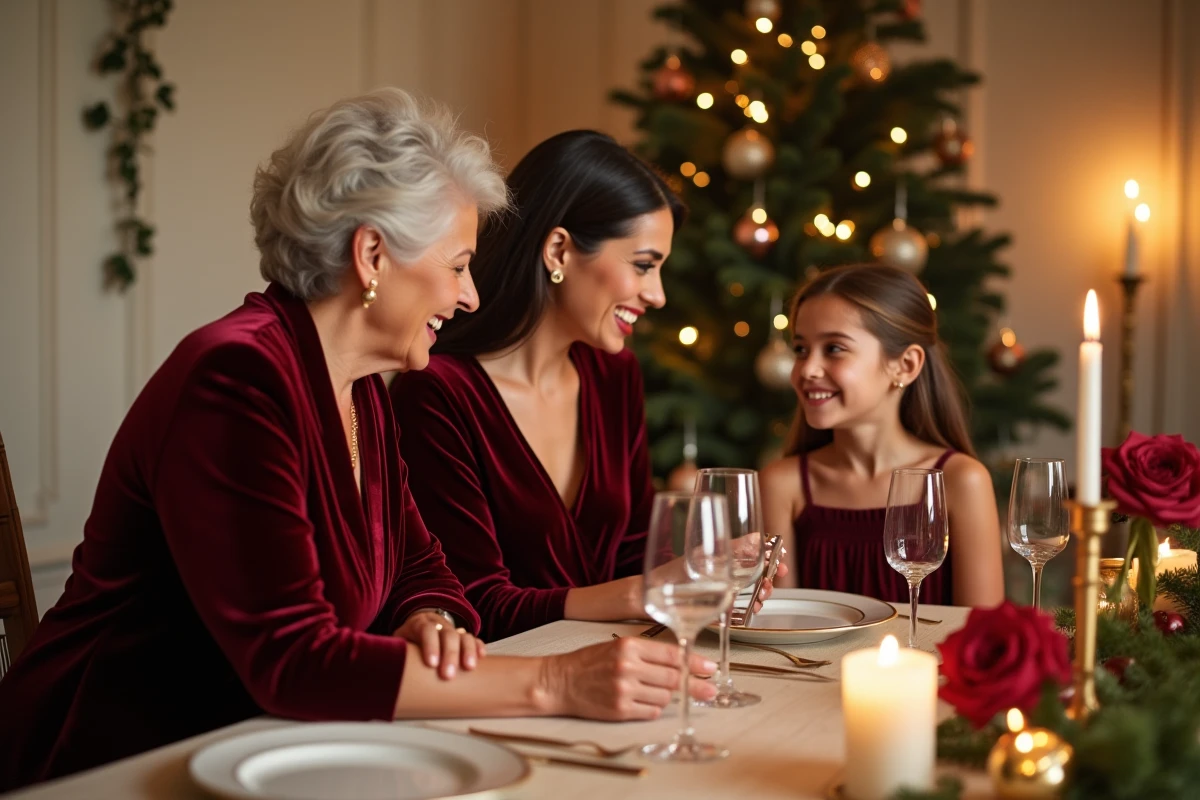 Trois générations en robes velours bordeaux assorties réunies autour d'une table de fête décorée pour les fêtes de fin d'année