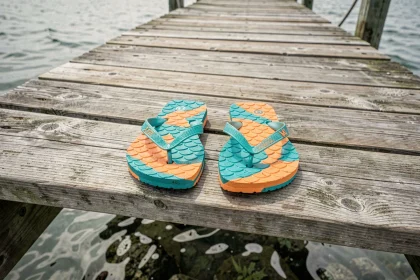Paire de tongs en forme de poisson colorées posées sur un ponton en bois usé au bord de la mer