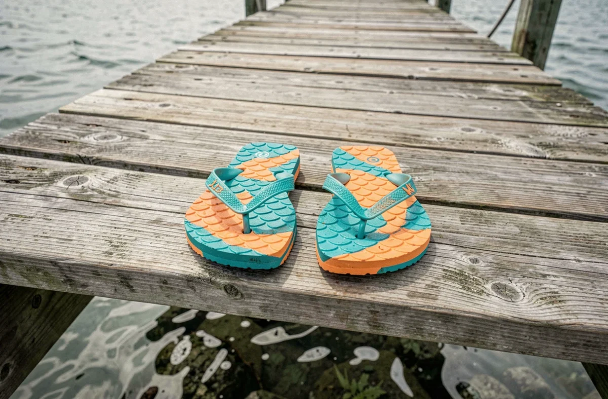 Paire de tongs en forme de poisson colorées posées sur un ponton en bois usé au bord de la mer