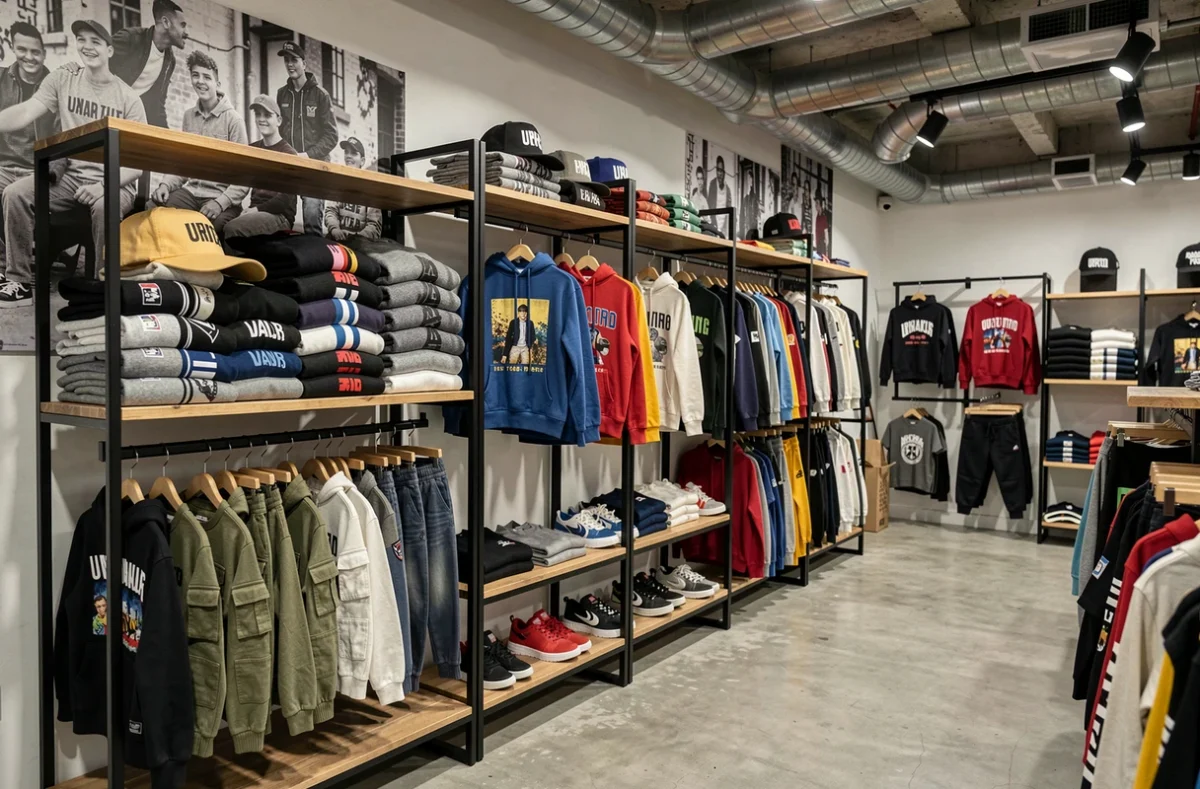 Urban Store à L'Arbresle, boutique de vêtements streetwear pour enfants avec des hoodies graphiques et des pantalons cargo sur des portants en métal noir
