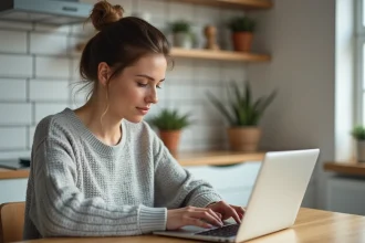 Femme vérifiant sa commande en ligne lors des soldes sur un ordinateur portable dans une cuisine moderne