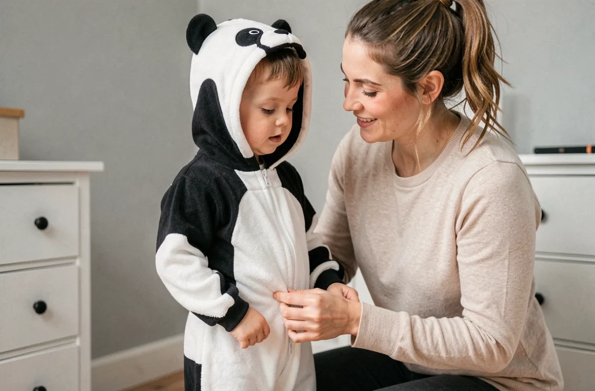 Parent vérifiant la taille et la sécurité d'une combinaison pyjama panda sur un enfant