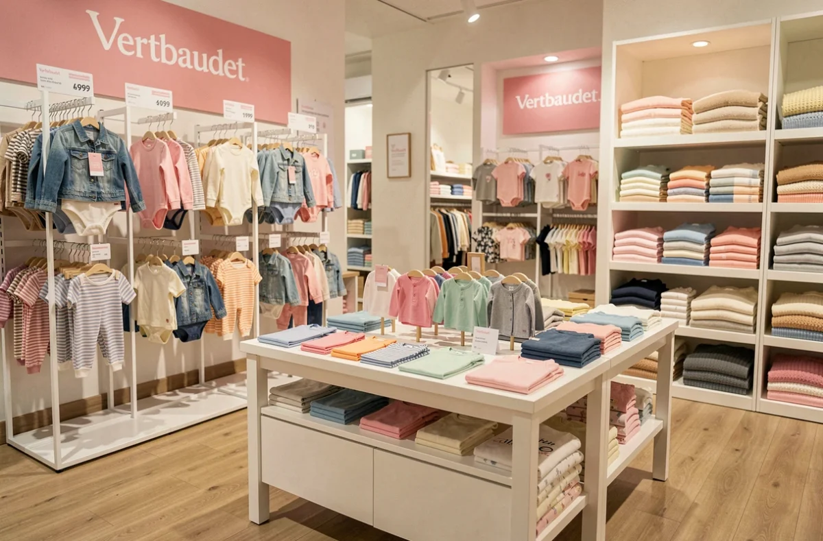 Intérieur de la boutique Vertbaudet à Chasse-sur-Rhône avec des vêtements pour bébés et enfants soigneusement disposés sur des portants blancs