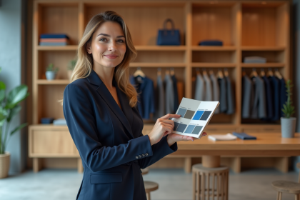 Femme &eacute;l&eacute;gante en blazer bleu testant des &eacute;chantillons de couleur